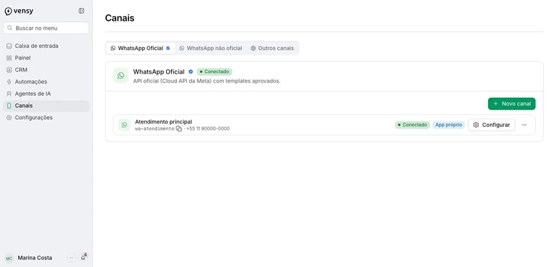 Canal de WhatsApp oficial conectado à Vensy. Dados fictícios.