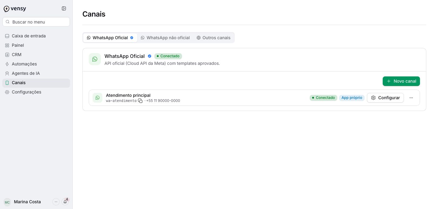 Canal de WhatsApp oficial conectado à Vensy. Dados fictícios para demonstração.