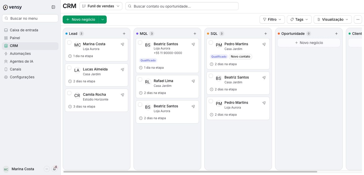 CRM com negócios organizados por etapa do funil. Dados fictícios para demonstração.