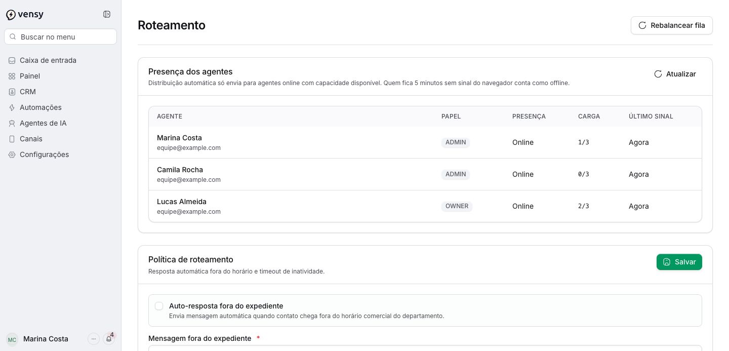 Política de roteamento e presença dos atendentes. Dados fictícios para demonstração.